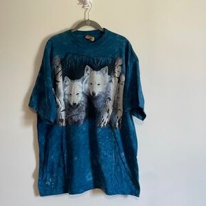 90s Nature The Mountain Tee White Wolf T-Shirt XXL Blue Dye Leather Outdoor Gorp
